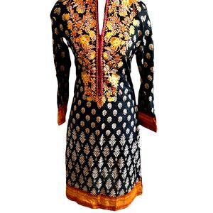 India gold embroidered black Linen tunic top ethnic Wedding salwar kameez M